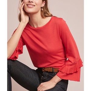 Anthropologie red T. la ruffle sleeve top